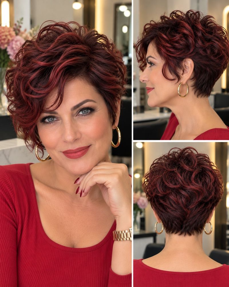 45. Burgundy Curls with Side-Swept Fringe