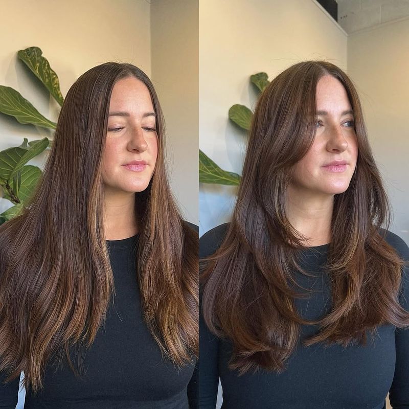 28. Chestnut Layers with Curtain Bangs