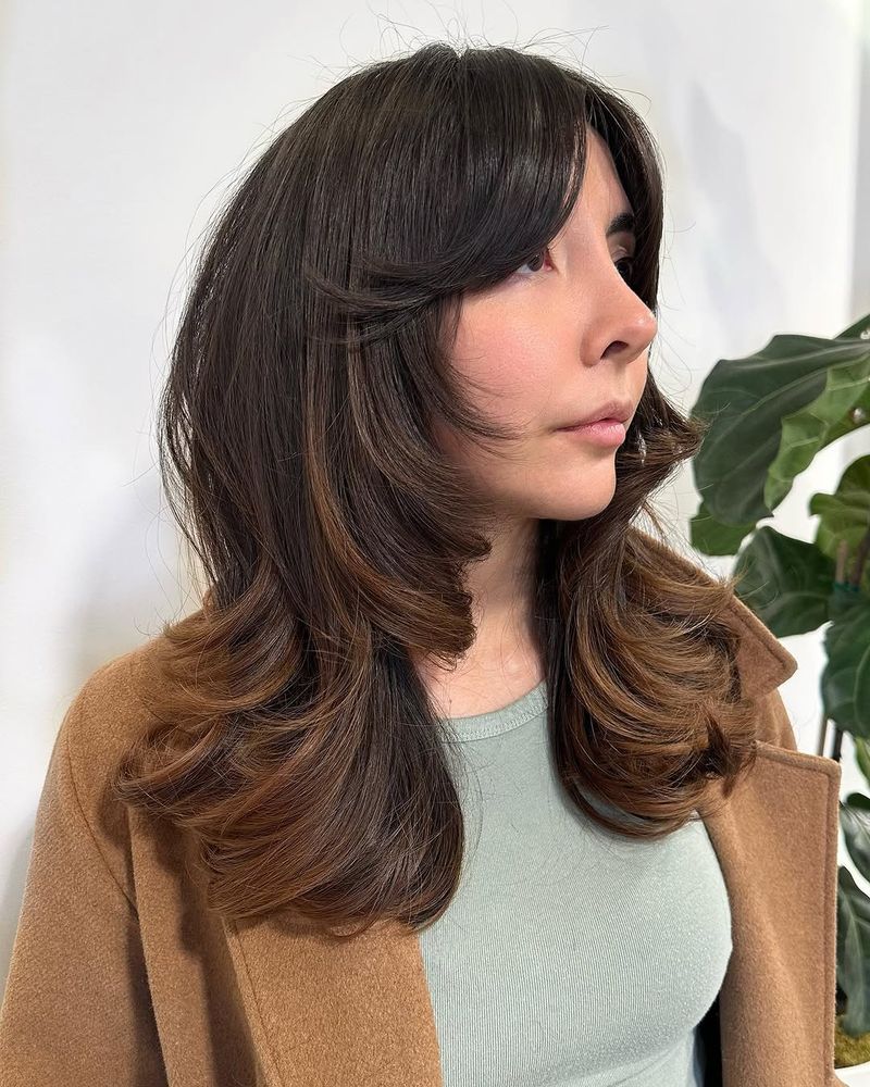 47. Chestnut Layers with Retro Curtain Bangs