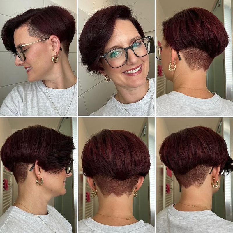 7. Deep Plum Bowl Cut with Shaved Undercut