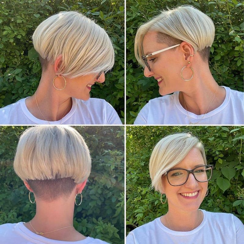 51. Platinum Undercut Bowl Cut with Long Side Bangs