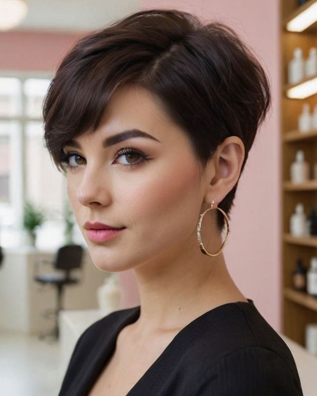 48. Side-Swept Brunette Pixie with Tucked Sides