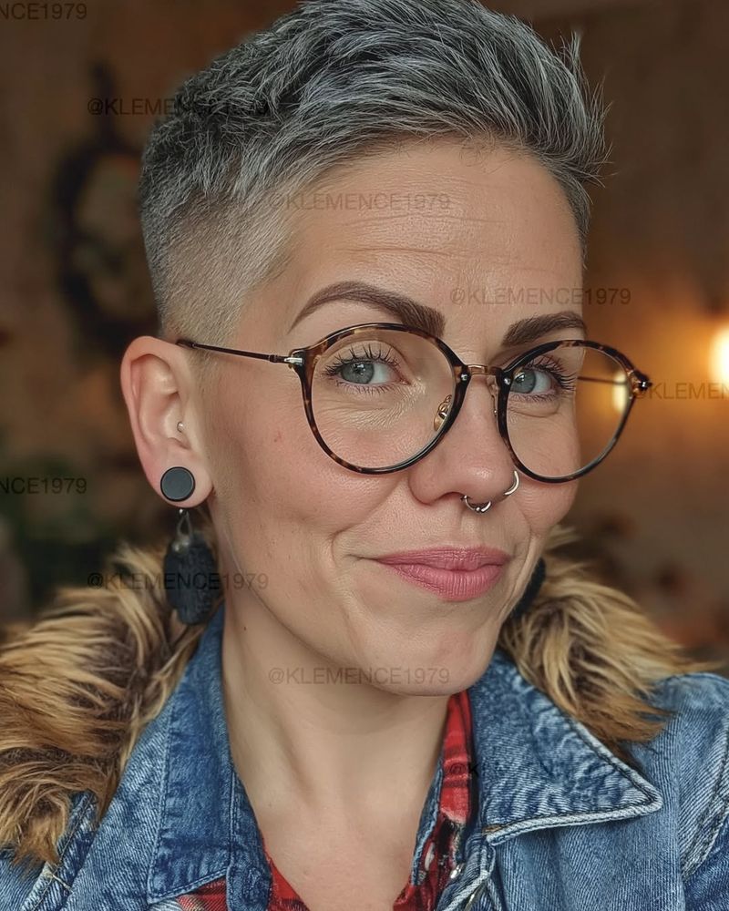 40. Silver Salt-and-Pepper Pixie with High Fade