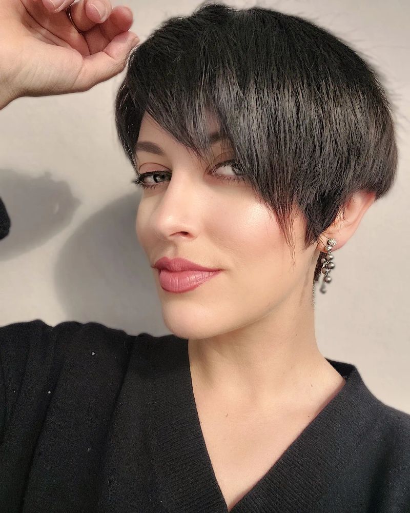 37. Textured Jet-Black Crop with Side-Swept Fringe
