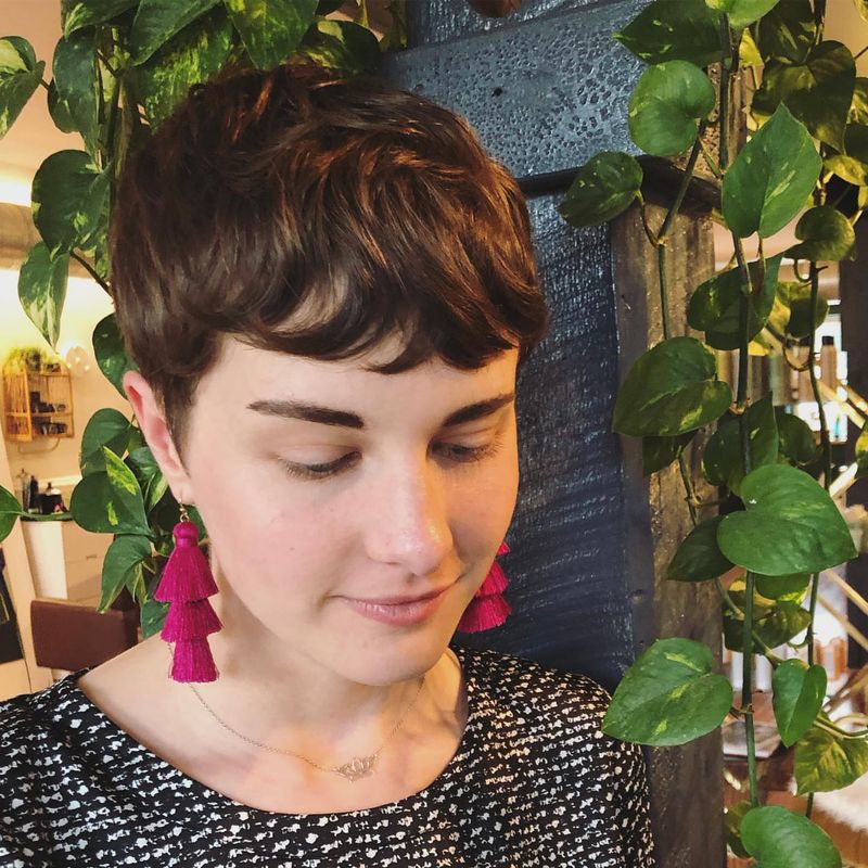 40. Tousled Chestnut Pixie with Micro Fringe