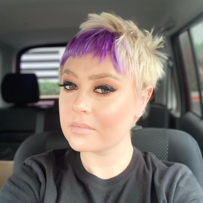 7. Two-Tone Platinum Crop with Purple Bangs